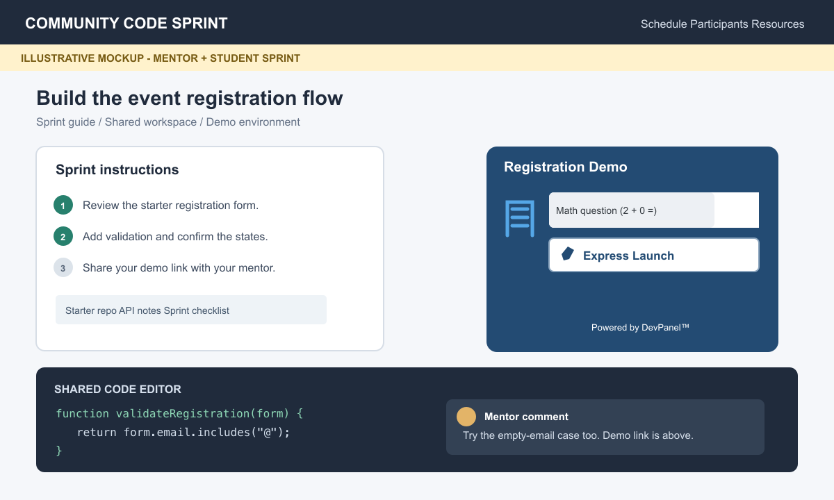 Illustrative mockup of a code sprint page with instructions, resources, a demo launcher, and mentor collaboration.
