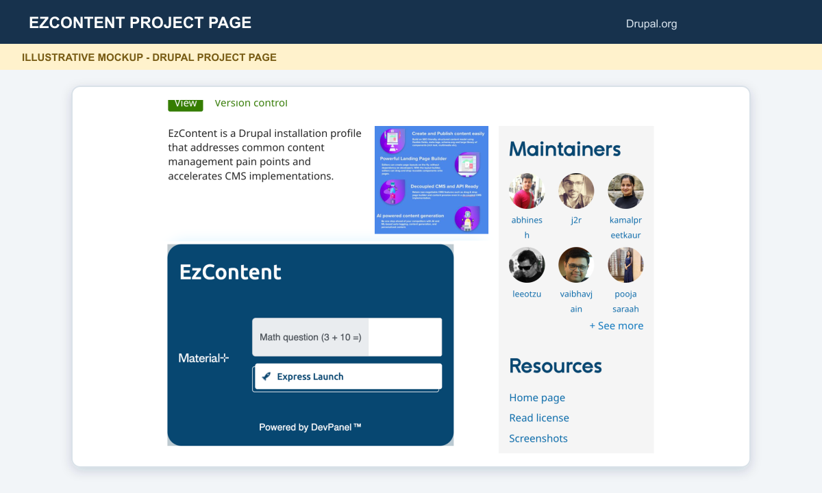 Illustrative mockup of the EzContent project page with its description, screenshots, maintainers sidebar, and a demo launcher.