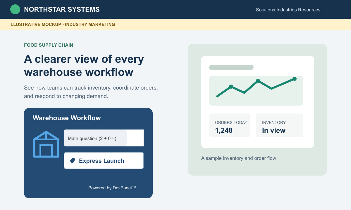 Illustrative mockup of an industry marketing page with an embedded workflow demo launcher.