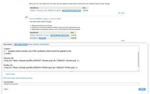 Dreditor screen shot showing buttons added to drupal.org issue