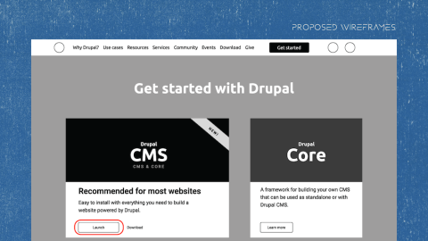 Wireframe of drupal.org with launch button highlighted.