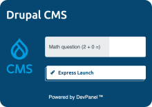 Drupal CMS launcher illustration with a Drupal logo, a “Math question (2 + 0 =)” prompt, an “Express Launch” button, and “Powered by DevPanel.”